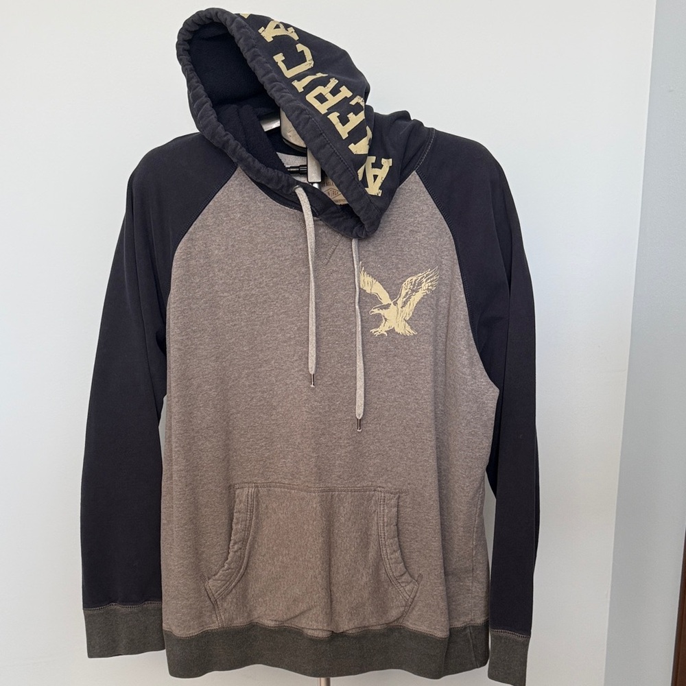 American Eagle Outfitters Men's Blue and Grey Hoodie